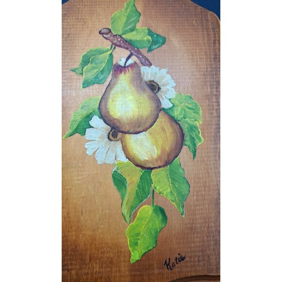 Vintage Hand Painted Pear Wood Plaque Fruit Painting Wood Kitsch Farmhouse Folk - Picture 2 of 7